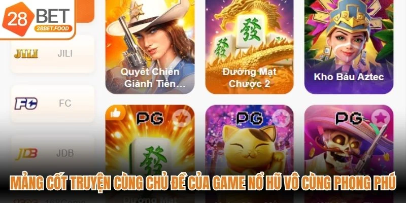 Mảng cốt truyện cùng chủ đề của game nổ hũ vô cùng phong phú